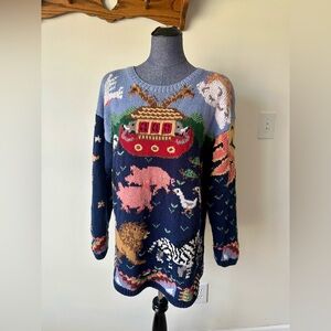Vintage 90s Noah's Ark Hand Knit Novelty Sweater Size Large Grandmacore